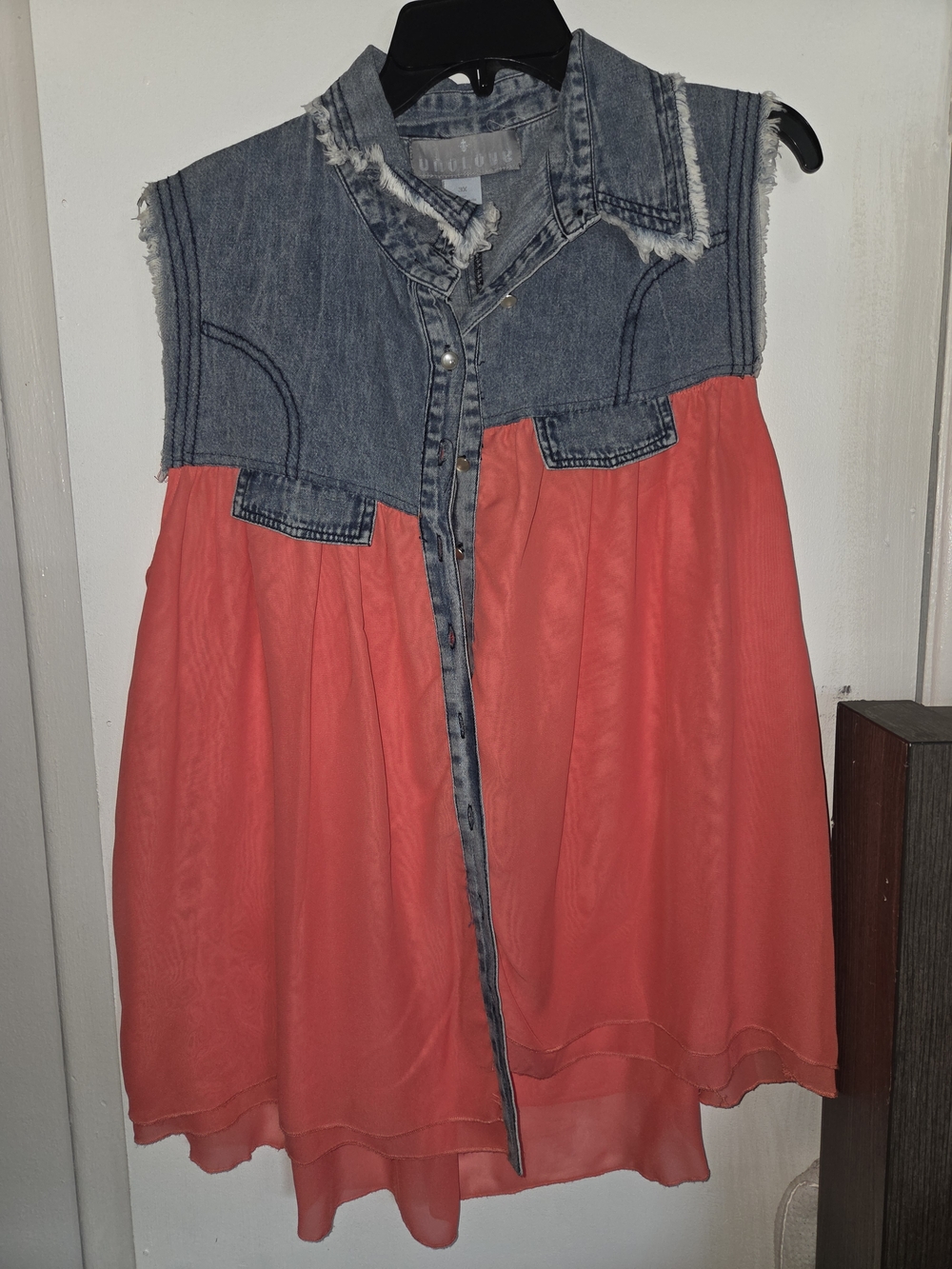 Denim-Top Coral Button-Down Shirt Dress